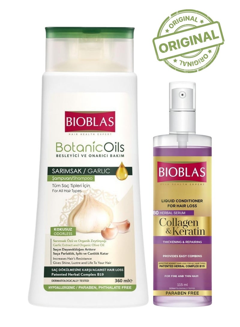BIOBLAS Garlic Shampoo for Hair Strengthening & Hair Fall Care with Keratin & Collagen Liquid Conditioner, Nourishing Hair Care Set, 360ml + 115ml - Image 1